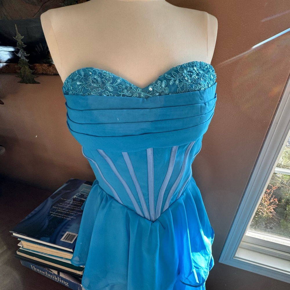 Strapless Blue Ruffled Gown - Picture 3 of 7